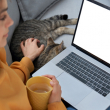A girl with brown hair looks at her laptop screen while petting a cat.