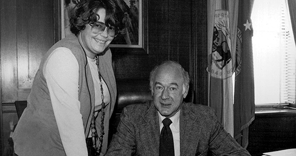 Cynthia Wilson with Interior Secretary Cecil D. Andrus, who paid tribute to her contributions to conservation by dubbing her "our Lady of the Redwoods"