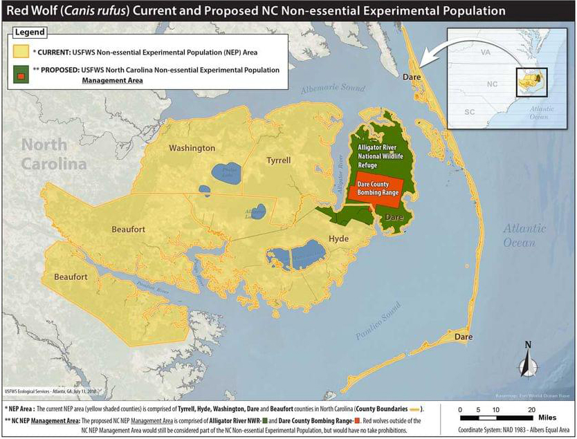 Red wolf current and proposed non-essential experimental population.