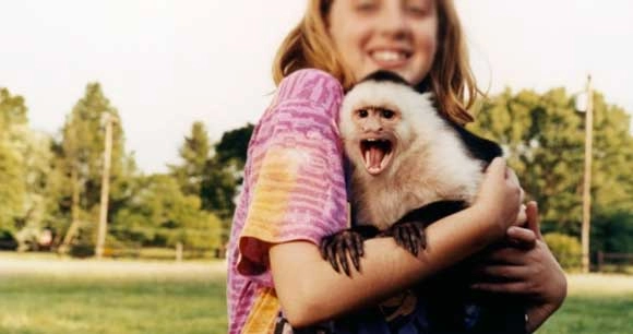 small monkey held in the arms of a female human