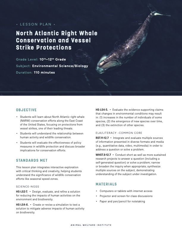 Cover of North Atlantic Right Whale Conservation and Vessel Strike Protections Lesson Plan