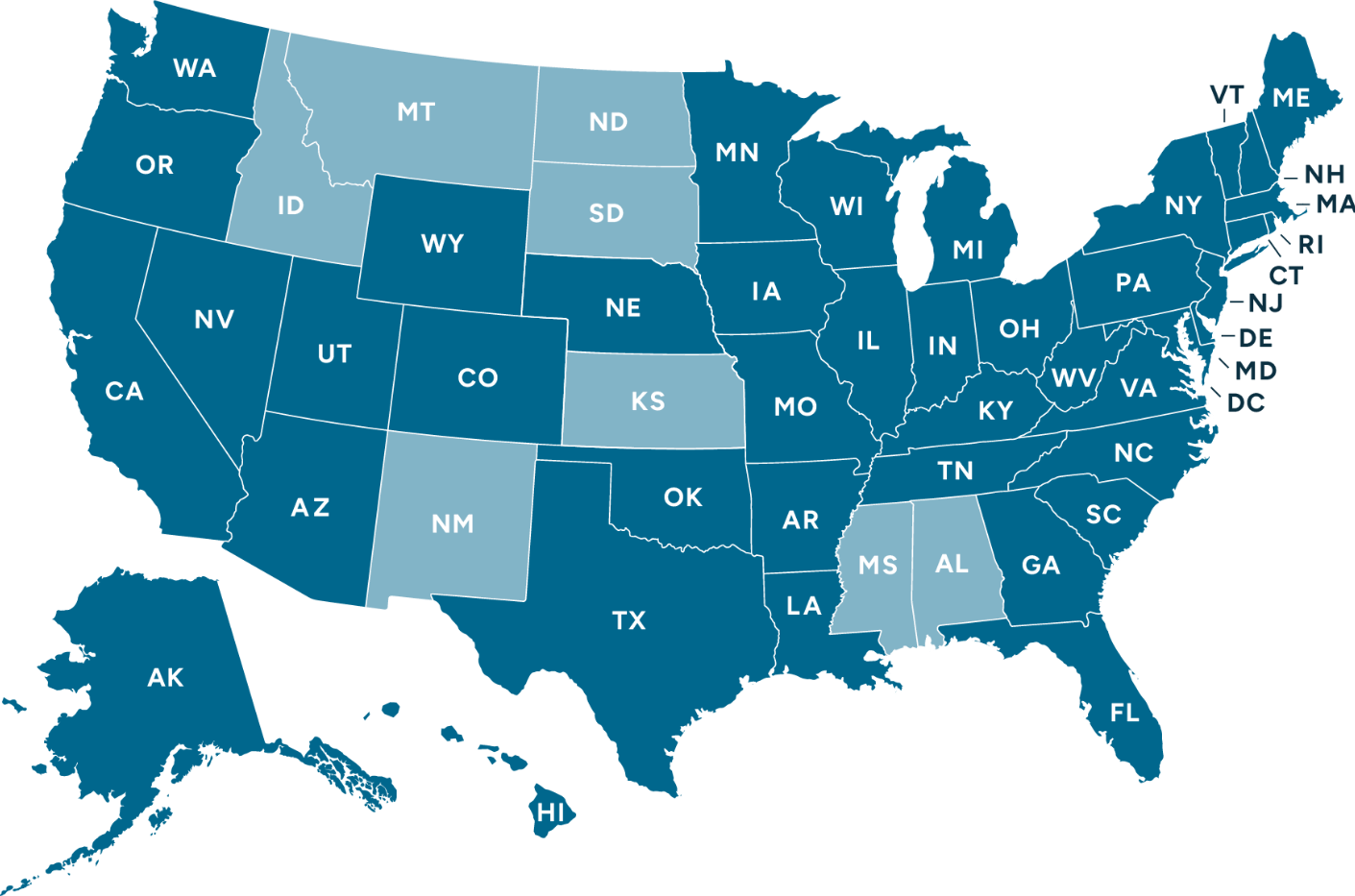 A graphic map of the U.S. showing the 42 states that have pet protection orders