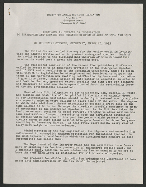 A document containing testimony in support of the Endangered Species Act submitted by the Society for Animal Protective Legislation (AWI's partner organization, merged with the organization in 2003).