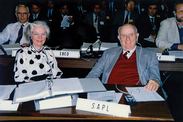 Roger and Christine Stevens smile at a meeting of the International Whaling Commission.