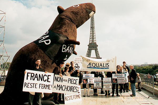 Betsy Beaver stands tall in front of the Eiffel Tower, surrounded by signs in French.